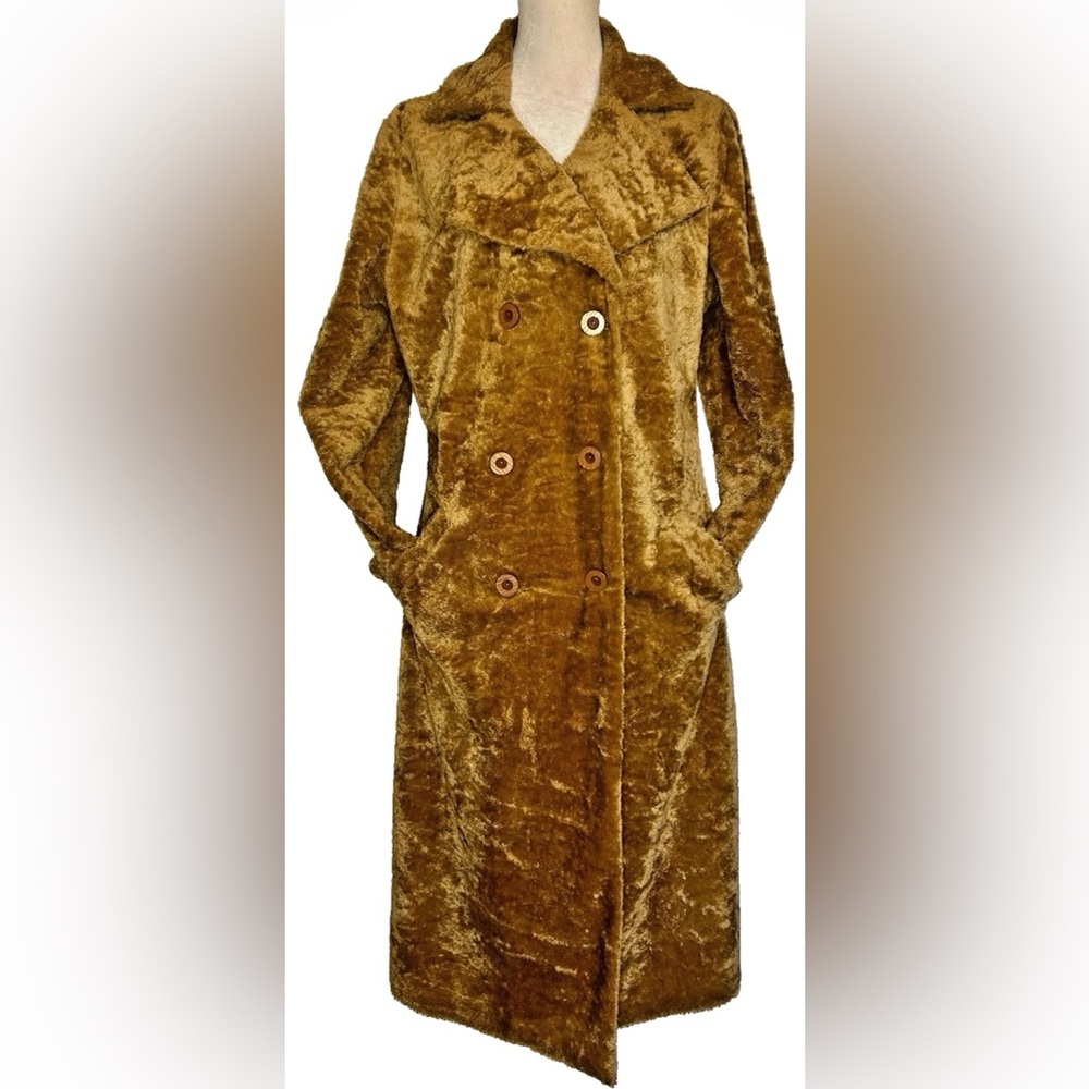 Vintage Lightweight Double Breasted Light Brown Teddy Midi Coat Faux Fur Small